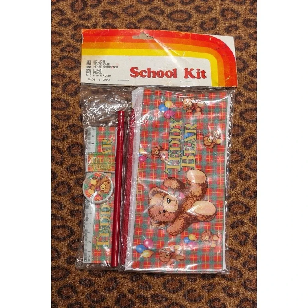 Teddy Bear School Kit Set Pencil Case Eraser Ruler Sharpener NOS‎ 1980s VTG